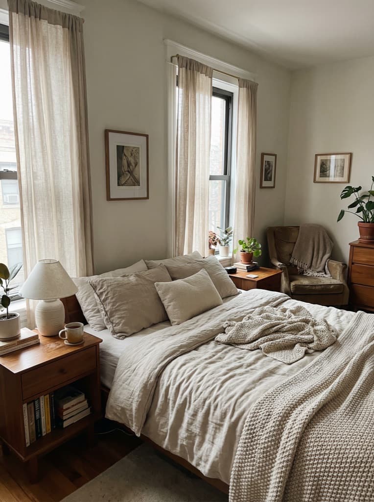 Original bedroom with two tall windows and a neutral bed